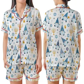 Hanukkah Celebrators' Whimsical Gnomes, Dreidels & Menorahs All-Over Print in Blue, Gold & White Satin Short-Sleeve Pajamas Set