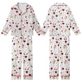 Holiday Wine Lovers Red & White Whimsical Christmas Wine Glass Pattern Adorned with Santa Hats, Holly, Candy Canes & Gifts Kid Satin Pajamas Set