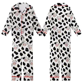 Playful Style Enthusiasts' Cheerful Minimalist Cow Spot Pattern with Pink Muzzles & Yellow Horns Kid Satin Pajamas Set
