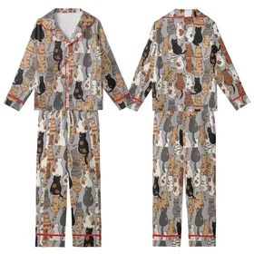 Cat Lovers' Whimsical Hand-Drawn Back View Cats Beige Tan Brown Black White Grey Scattered Pattern Kid Satin Pajamas Set