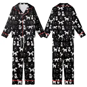 Cat Lovers' Monochrome Playful Cats Yin-Yang Heart Design Minimalist Graphic Art Kid Satin Pajamas Set