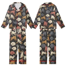Cat Lovers' Whimsical Flat Art Cats Pattern in Muted Greys Cream Rose Terracotta on Dark Charcoal Kid Satin Pajamas Set
