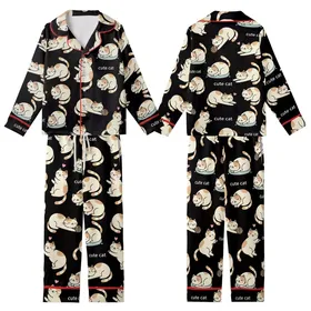 Cat Lovers' Seamless Black Kawaii Flat 2D Cartoon Cats Playful Sleepy Tan Brown White Pink Outline Pattern Kid Satin Pajamas Set