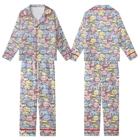 Kids' Sweet Pastel Pink Blue Yellow Lavender All-Over Cartoon Cats Bears Bunnies Pattern with Heart Glasses Bows Kid Satin Pajamas Set