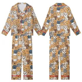 Pet Lovers' Whimsical White Orange Tan Brown Slate Blue Cartoon Cat Dog Seamless Pattern Kid Satin Pajamas Set