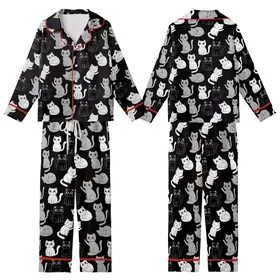 Cat Lovers' Cute Stylized Black White Grey Pastel Pink All-Over Cartoon Cat Pattern Kid Satin Pajamas Set