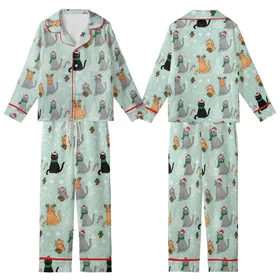 Festive Cat Lovers' Whimsical Mint Green Christmas Cats Pattern with Red Santa Hats & Holly Kid Satin Pajamas Set