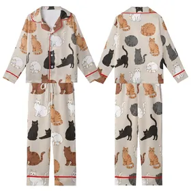 Cat Lovers' Whimsical Hand-Drawn Feline Poses Seamless Pattern Muted Beige Natural Tones Kid Satin Pajamas Set