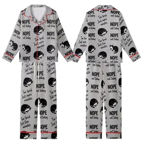 Cat Lovers' Heather Gray Black White Cartoon Tuxedo Cat Sleepy Pose Flat Graphic Seamless Pattern with Humorous 'NOPE Not Today' Text Kid Satin Pajamas Set