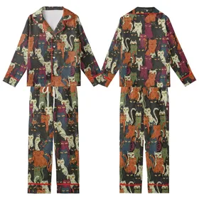 Cat Lovers' Whimsical Hand-Drawn Folk Art Charcoal Black Rust Sage Cream Feline Pattern Kid Satin Pajamas Set