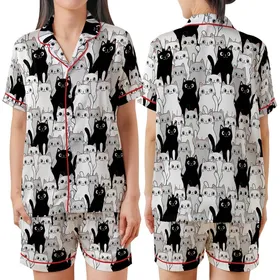 Cat Lovers' Whimsical Black White Grey Cartoon Cats Seamless Playful Pattern Satin Short-Sleeve Pajamas Set