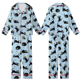 Cat Lovers' Whimsical Black Cartoon Cats Golden Yarn Paw Prints Light Sky Blue Pattern Kid Satin Pajamas Set