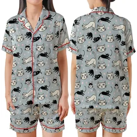 Cat Lovers' Minimalist Abstract Cat Faces Black Line Art Light Blue-Grey Pink Dot Pattern Satin Short-Sleeve Pajamas Set
