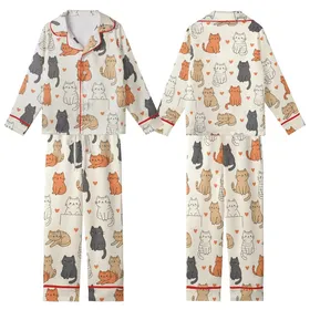 Cat Lovers' Cute Kawaii Cartoon Cats Playful Poses Seamless Pattern Light Cream Orange Coral Hearts Flat Art Style Kid Satin Pajamas Set