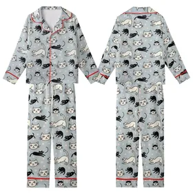 Cat Lovers' Minimalist Abstract Cat Faces Black Line Art Light Blue-Grey Pink Dot Pattern Kid Satin Pajamas Set