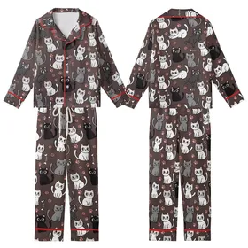 Cat Lovers' Playful Cartoon Cat All-Over Pattern with White, Grey, Black, Pink on Chocolate Brown Kid Satin Pajamas Set