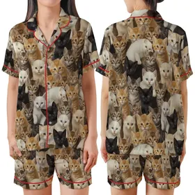 Children's Realistic Photo Kitten Collage Pattern Fleece Pajamas Set Satin Short-Sleeve Pajamas Set