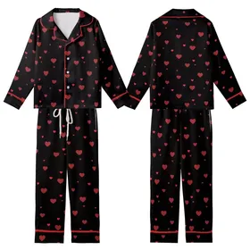 Women's Solid Black Minimalist Muted & Cherry Red Scattered Hearts Long Sleeve Cotton-Blend Sleep Set Kid Satin Pajamas Set