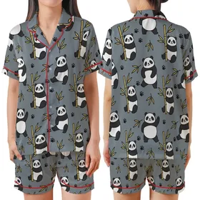 Vizsla Dog Digital Garment Guide: Cartoon Panda Bamboo Print Small DIY Sleepwear Project Satin Short-Sleeve Pajamas Set