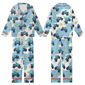 Youthful Blue Monster Truck Action Print: Yellow Flames, Mud Splatters & Star Design Kid Satin Pajamas Set