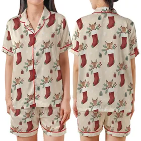 Festive Whimsy: Baby Reindeer Stocking Watercolor Christmas Design Satin Short-Sleeve Pajamas Set