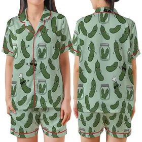 Pickle Lover's Whimsy: Hand-Drawn Smiling Chef Pickles & Jars Seamless Design Satin Short-Sleeve Pajamas Set