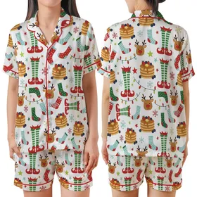 Kids' Whimsical Birthday Pajamas: Pancakes, Elf, Reindeer, Snowflake Sleep Set Satin Short-Sleeve Pajamas Set