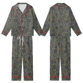 Women's Olive Green Indigo Botanical Pure Cotton Pajamas Set: Floral Block Print Loungewear Kid Satin Pajamas Set
