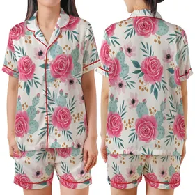 Women's Bridesmaid Rayon Pajamas: Watercolor Fuchsia Rose & Teal Cactus Floral Satin Short-Sleeve Pajamas Set