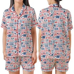 Women's Red White Blue Vintage Americana Liberty Collage Polyester Spandex Sleepwear Satin Short-Sleeve Pajamas Set