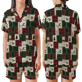 Family Retro Christmas Loungewear: Quilted Tartan Plaid Patchwork, Holly Tree & Snowflake Design Satin Short-Sleeve Pajamas Set