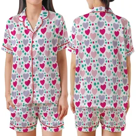 Playful Hearts Pattern: Fuchsia Pink Purple Stylized Dot Art - Whimsical White Background Print Satin Short-Sleeve Pajamas Set