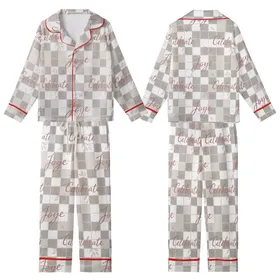 Women's Personalized Sleep Set: Taupe Gingham 'Love Joy Celebrate' Script Lounge Wear Kid Satin Pajamas Set