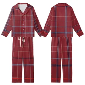 Women's Deep Crimson Tartan Plaid Flannel Sleepwear Set: Navy & White Pattern Kid Satin Pajamas Set