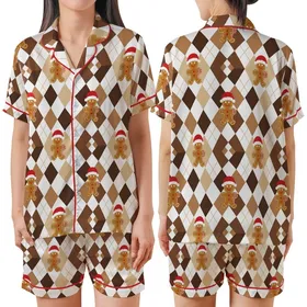 Gingerbread Family Holiday: Brown Argyle Candy Cane Pattern - Soft Long Sleeve Sleep Set Satin Short-Sleeve Pajamas Set