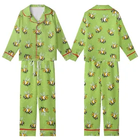 Women's Luxury Faux Silk Pajama Set: Whimsical Bee Print & Chartreuse Green Loungewear Kid Satin Pajamas Set