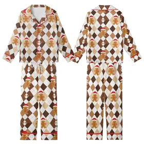 Gingerbread Family Holiday: Brown Argyle Candy Cane Pattern - Soft Long Sleeve Sleep Set Kid Satin Pajamas Set