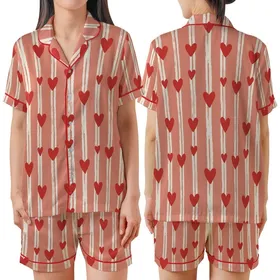 Bridesmaid Muted Salmon Pink Hand Block Print Rustic Stripe Heart Cotton Pajama Set Satin Short-Sleeve Pajamas Set