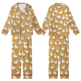 Women's Funny White Geese Christmas Pajama Set with Santa Hats Kid Satin Pajamas Set