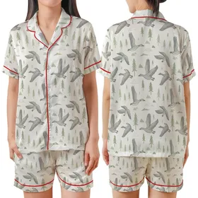 Wildlife Lover's Vintage Flying Geese Pajamas: Muted Pine Mountain Cream Pattern - Polyester Sleepwear Satin Short-Sleeve Pajamas Set