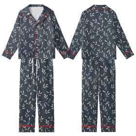 Juliette Women's French Linen Pajamas: Charcoal Blue Organic Leaf Sleep Set Kid Satin Pajamas Set