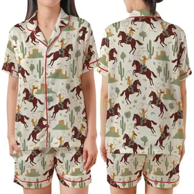 Vintage Art Lovers' Hand-Drawn Western Cowboy Cowgirl Galloping Desert Scene Cream Off-White Satin Short-Sleeve Pajamas Set
