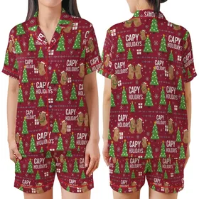 Capybara Christmas Pajamas: Santa Hat Animal & "CAPY HOLIDAYS" Festive Polyester Spandex Sleep Set Satin Short-Sleeve Pajamas Set