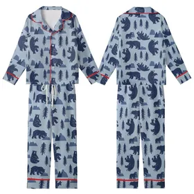 Wilderness Explorer's Stylized Navy Bear & Pine Pattern - Dusty Blue Wearable Art Kid Satin Pajamas Set
