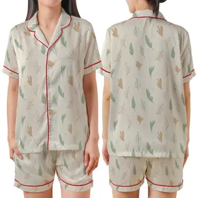 Women's OEKO-TEX Linen Pajamas Set: Minimalist Botanical Leaf Print - Relaxed Tank & Pants Satin Short-Sleeve Pajamas Set