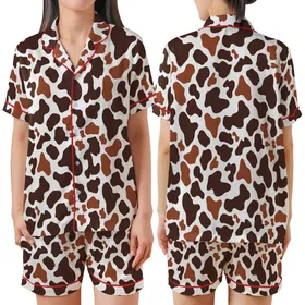 Vizsla & Large Dog Fleece Pajamas: Handmade Organic Chocolate Cow Print Sleepwear Satin Short-Sleeve Pajamas Set
