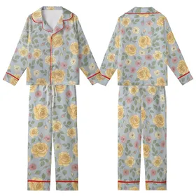 Elegant Floral Pattern: Watercolor Roses, Soft Yellow Pink Blooms, Sage Green Leaves, Dusty Blue Kid Satin Pajamas Set