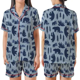 Wilderness Explorer's Stylized Navy Bear & Pine Pattern - Dusty Blue Wearable Art Satin Short-Sleeve Pajamas Set