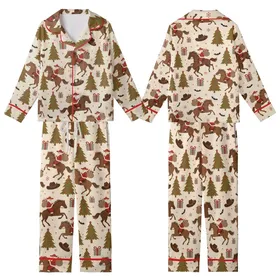 Western Holiday Enthusiast: Rustic Santa Cowboy Horse & Bat Seamless Graphic Print Kid Satin Pajamas Set