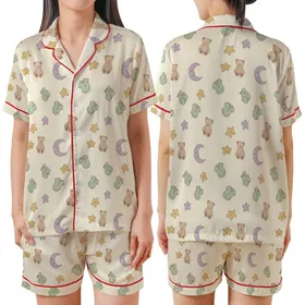 Cozy Nursery Pattern: Minimalist Moon Star Teddy Romper Print - Cream Lavender Gold Satin Short-Sleeve Pajamas Set